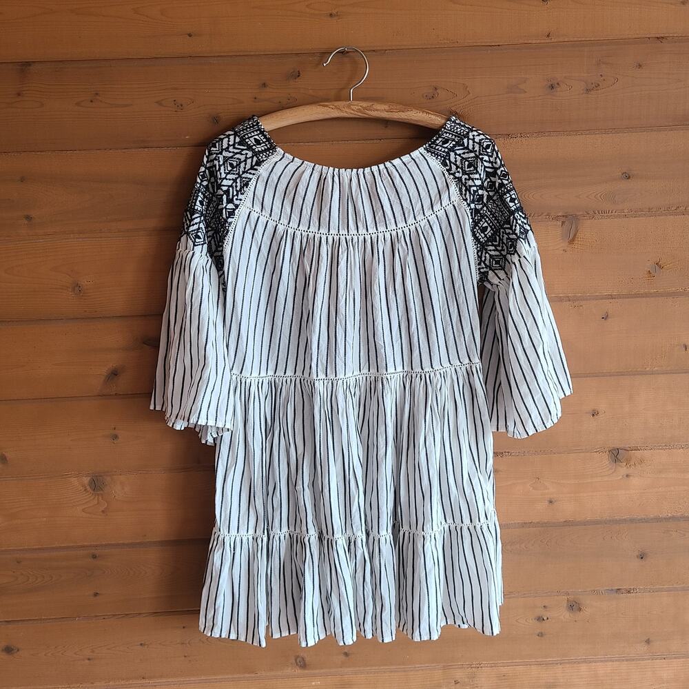 Free People Lola Mini Dress Embroidered Striped Boho Flowy XS Beachy Oversized - Picture 5 of 5